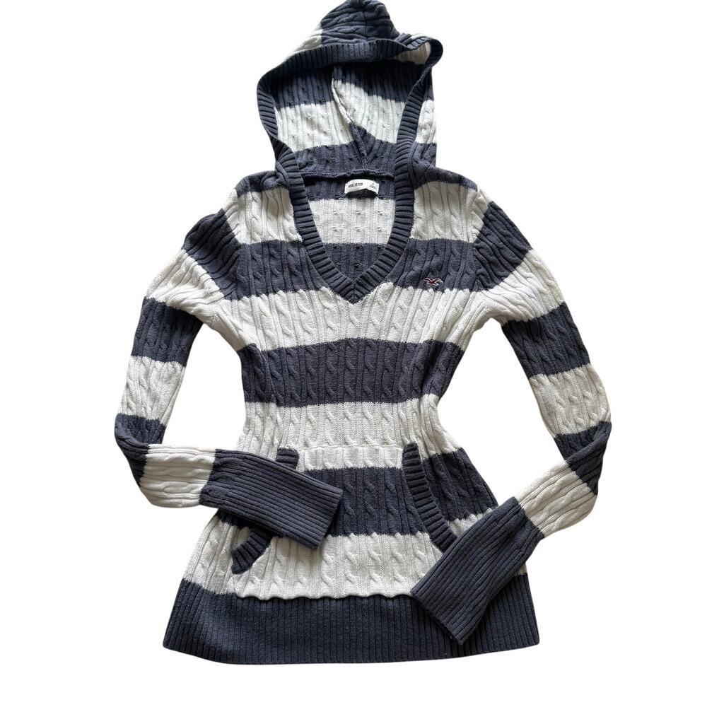 Hollister Hooded Cable Knit V Neck Striped Sweater Gray White Medium Y2K Style